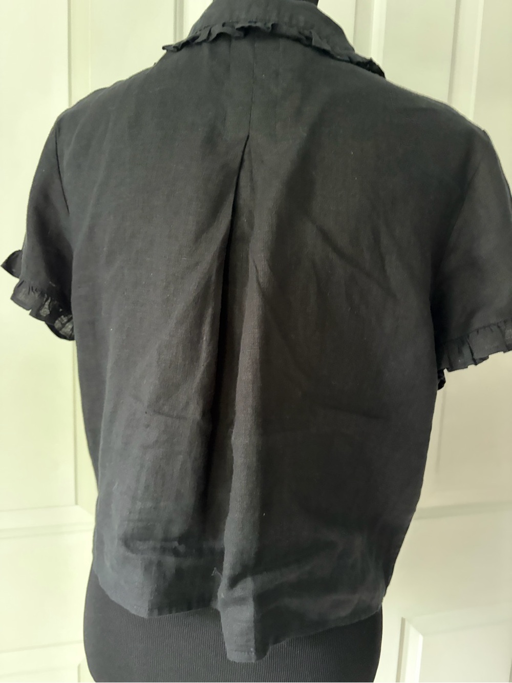 J. Crew Linen Black Ruffle-Trim Button Front Short Sleeve Blouse small - Picture 3 of 5